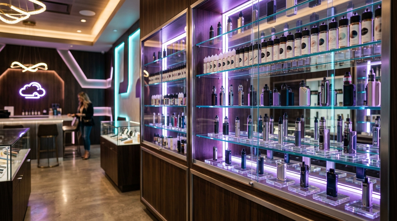Lounge area and display shelves at Bahama Mama Smoke Shop Houston TX